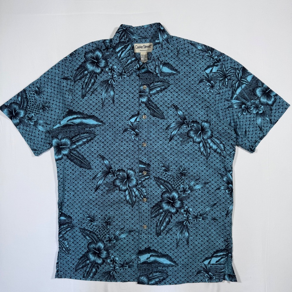 Cooke Street Vintage Hawaiian‎ Shirt Blue Seigaiha Hibiscus Floral M Resort Wear